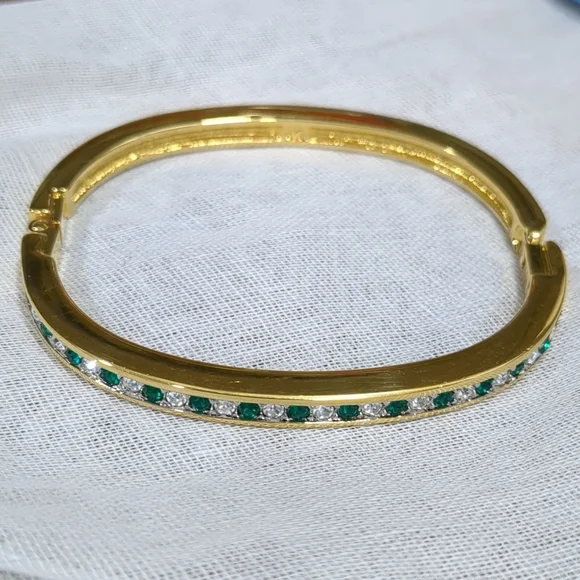 Swarovski crystal green and clear/diamond look pave hinged gold bracelet - Picture 7 of 10